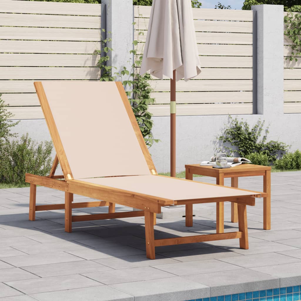 Sun Lounger with Table Cream Solid Wood Acacia and Textilene