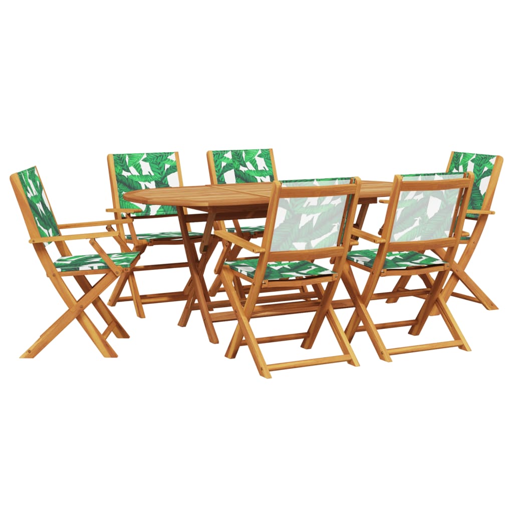 7 Piece Garden Dining Set Leaf Pattern Fabric and Solid Wood