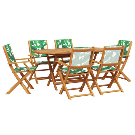 7 Piece Garden Dining Set Leaf Pattern Fabric and Solid Wood