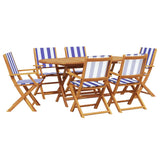 7 Piece Garden Dining Set Blue and White Fabric and Solid Wood