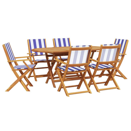 7 Piece Garden Dining Set Blue and White Fabric and Solid Wood