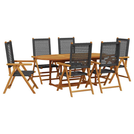 7 Piece Garden Dining Set Black Poly Rattan and Solid Wood