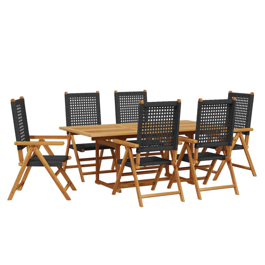7 Piece Garden Dining Set Black Poly Rattan and Solid Wood