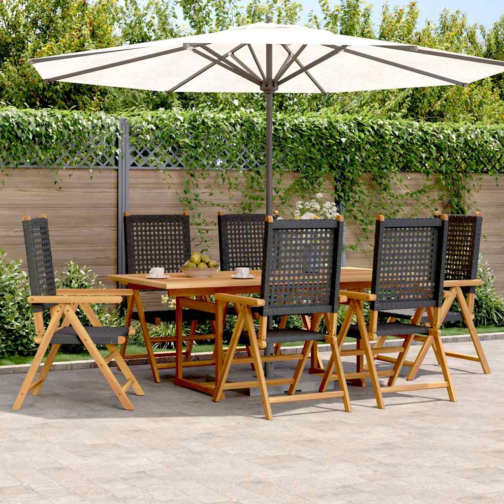 7 Piece Garden Dining Set Black Poly Rattan and Solid Wood