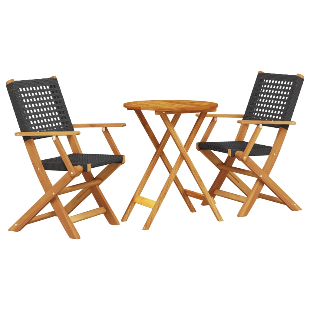 3 Piece Bistro Set Black Poly Rattan and Solid Wood