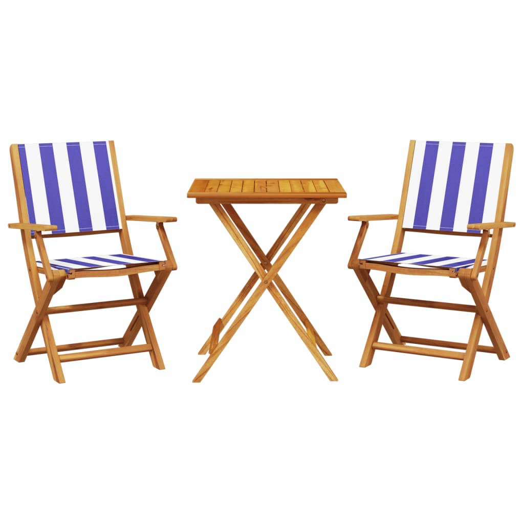 3 Piece Bistro Set Blue and White Fabric and Solid Wood