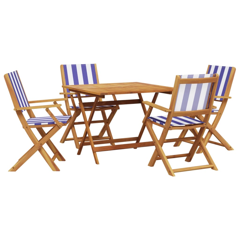 5 Piece Garden Dining Set Blue and White Fabric and Solid Wood
