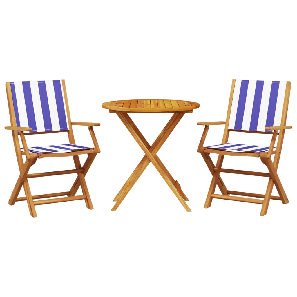 3 Piece Bistro Set Blue and White Fabric and Solid Wood