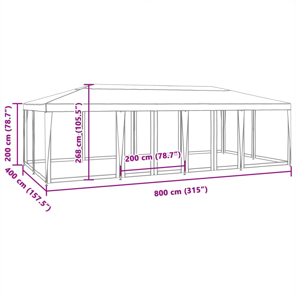 Party Tent with 12 Mesh Sidewalls White 8x4 m HDPE