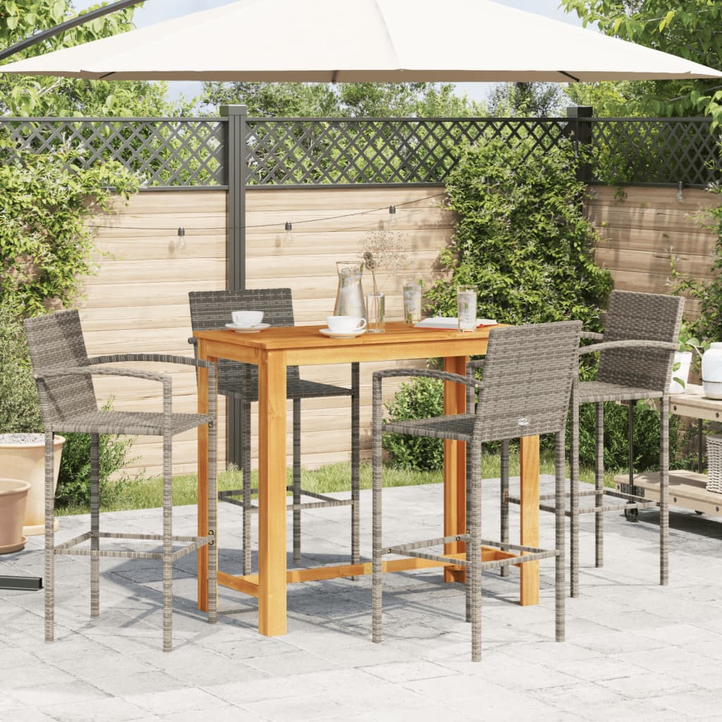 5 Piece Garden Bar Set Grey Solid Wood Acacia and Poly Rattan