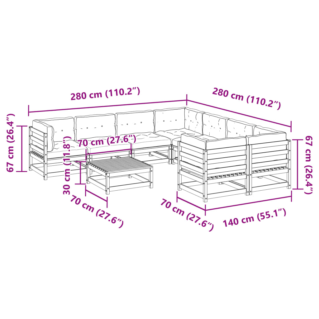 9 Piece Garden Sofa Set with Cushions Wax Brown Solid Wood Pine