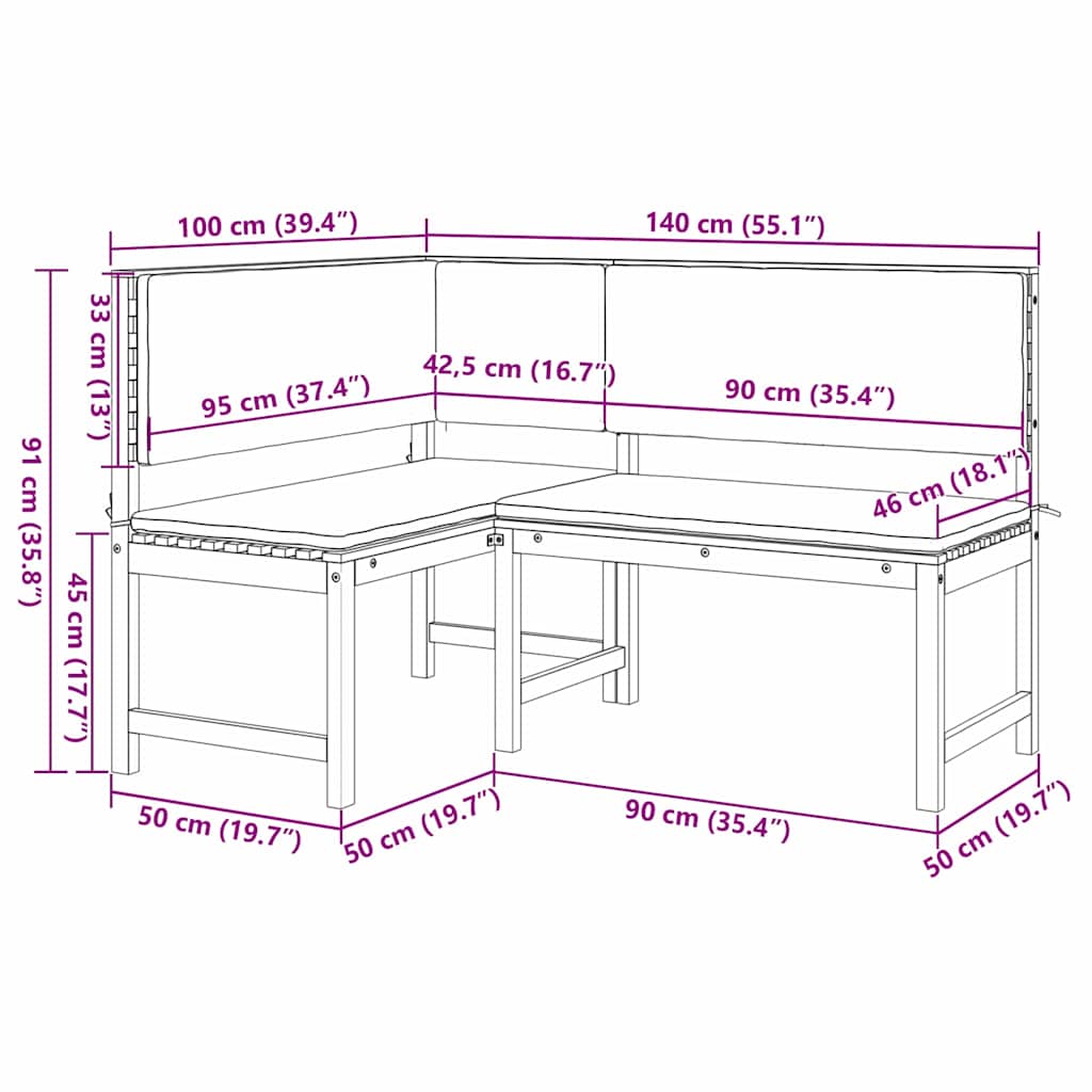 Garden Corner Bench Brown 140 x 100 x 91cm Solid Acacia wood