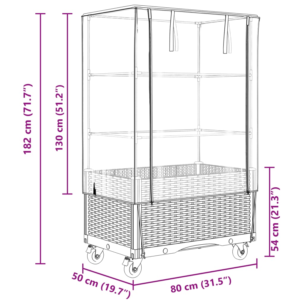 Raised Bed with Cover and Wheels Rattan Look 80x50x182 cm