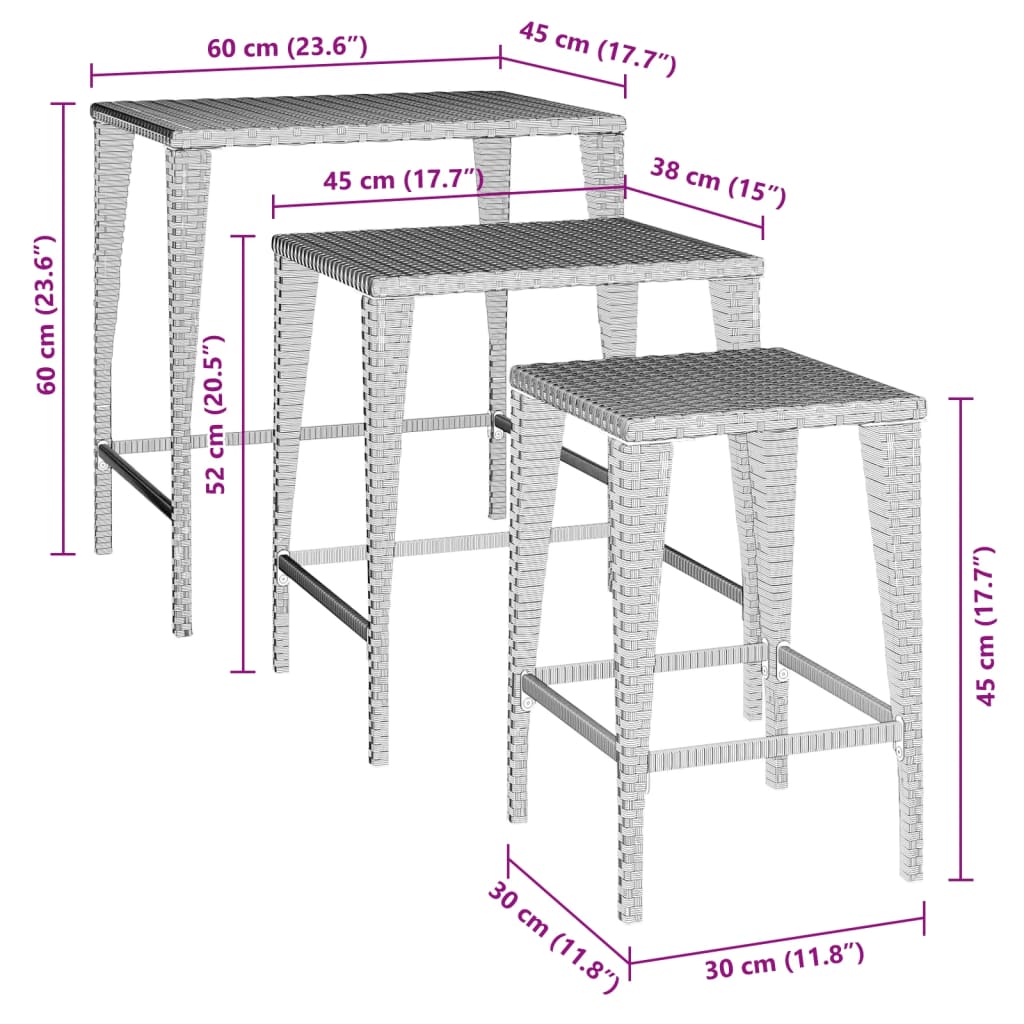 Garden Nesting Tables 3 pcs Brown Poly Rattan