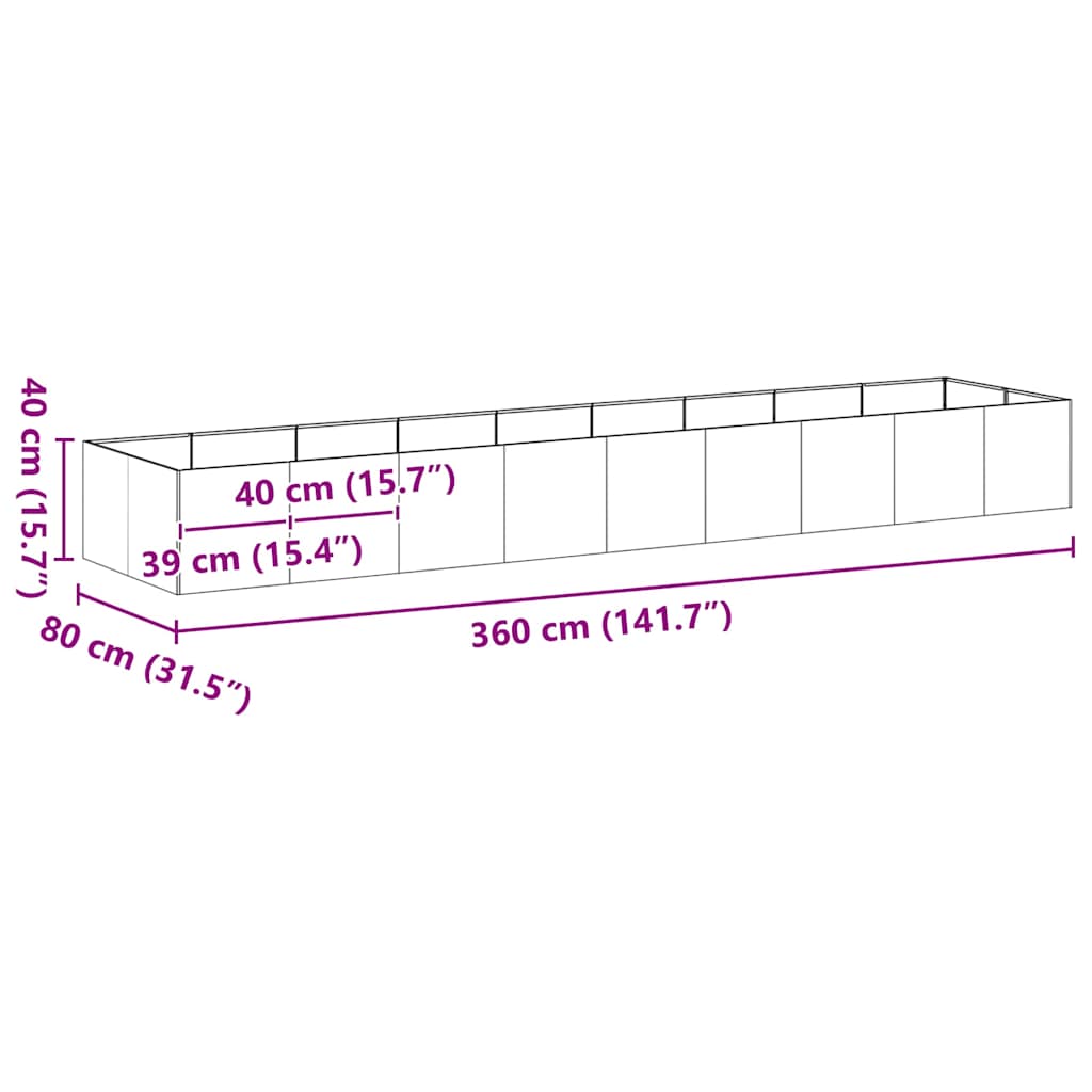 Planter Black 360x80x40 cm Steel