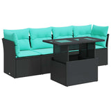 5 Piece Garden Sofa Set with Cushions Black Poly Rattan Acacia