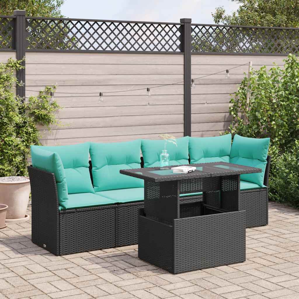 5 Piece Garden Sofa Set with Cushions Black Poly Rattan Acacia