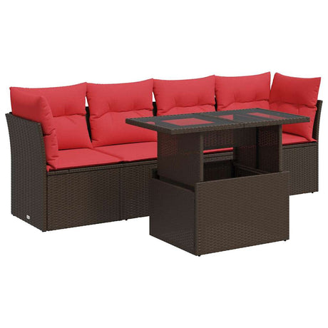 5 Piece Garden Sofa Set with Cushions Brown Poly Rattan Acacia