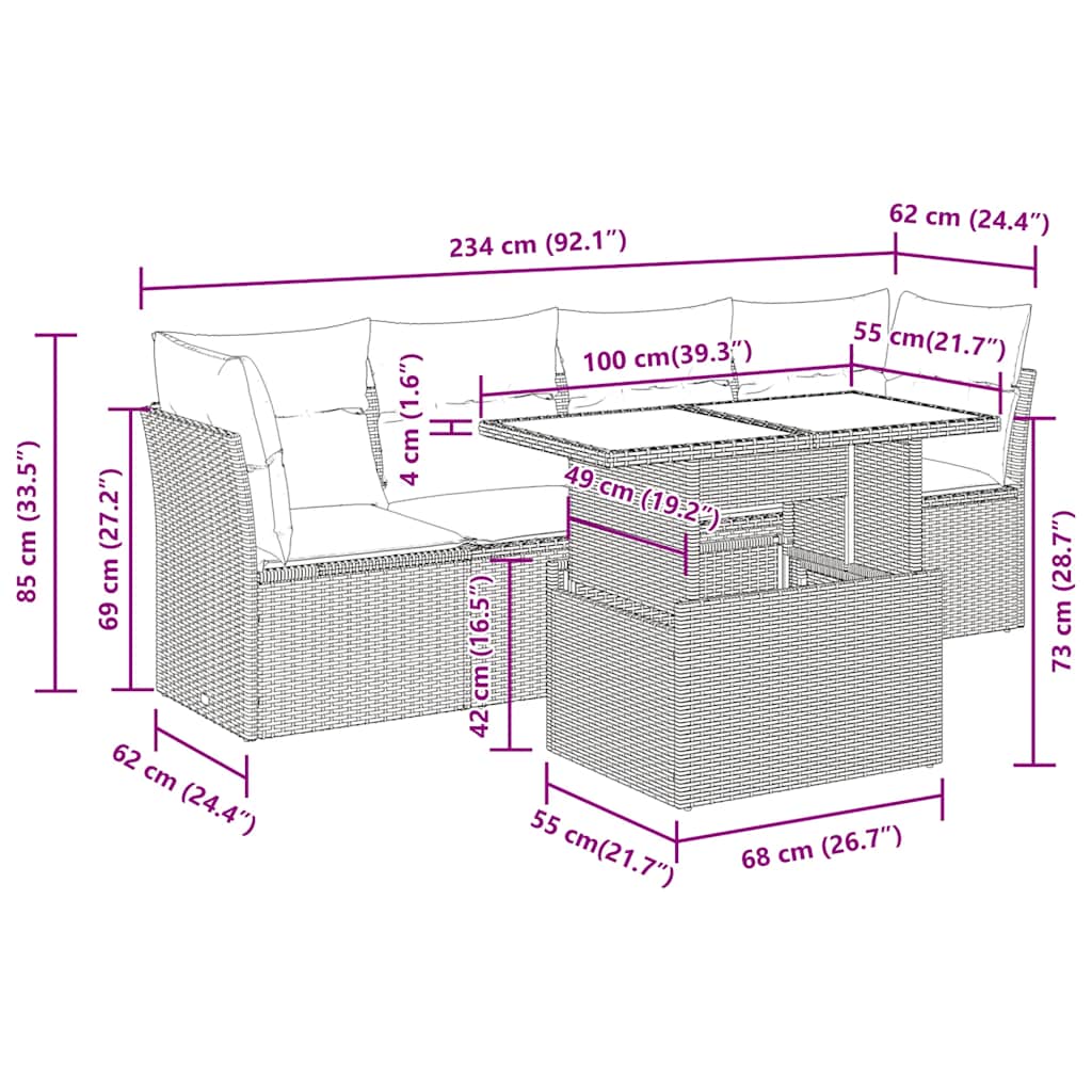 5 Piece Garden Sofa Set with Cushions Brown Poly Rattan Acacia