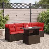 5 Piece Garden Sofa Set with Cushions Brown Poly Rattan Acacia