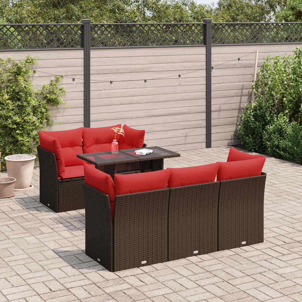 6 Piece Garden Sofa Set with Cushions Brown Poly Rattan Acacia