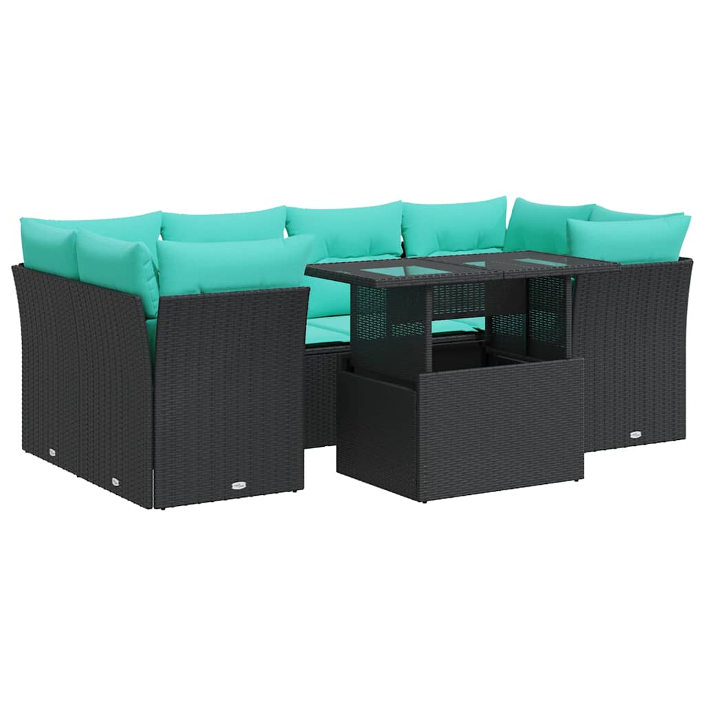 7 Piece Garden Sofa Set with Cushions Black Poly Rattan Acacia