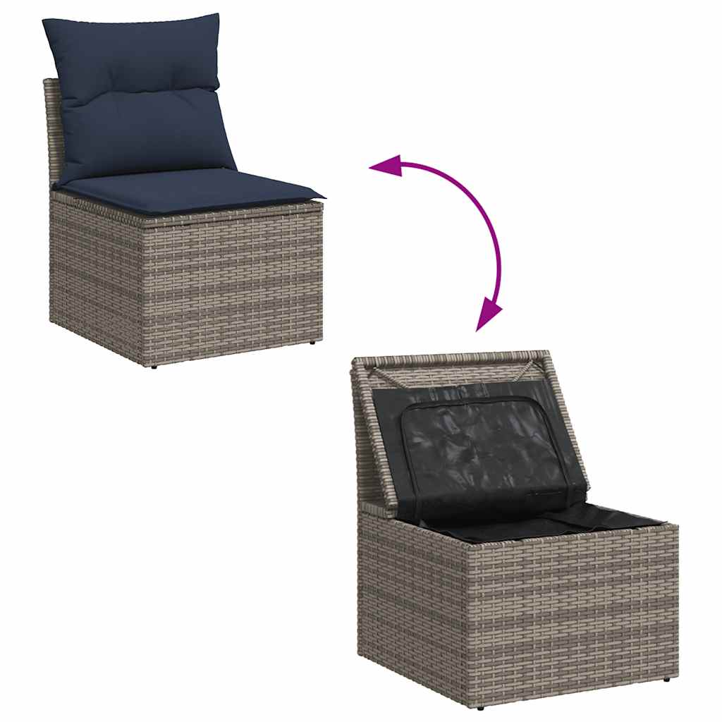 7 Piece Garden Sofa Set with Cushions Grey Poly Rattan Acacia