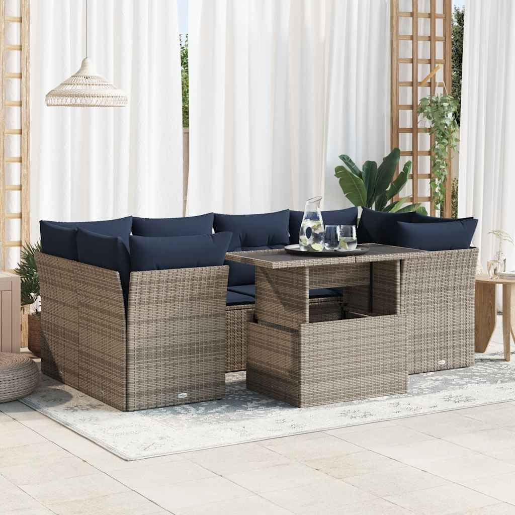 7 Piece Garden Sofa Set with Cushions Grey Poly Rattan Acacia