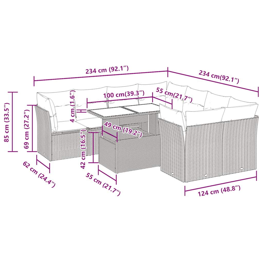 9 Piece Garden Sofa Set with Cushions Grey Poly Rattan Acacia