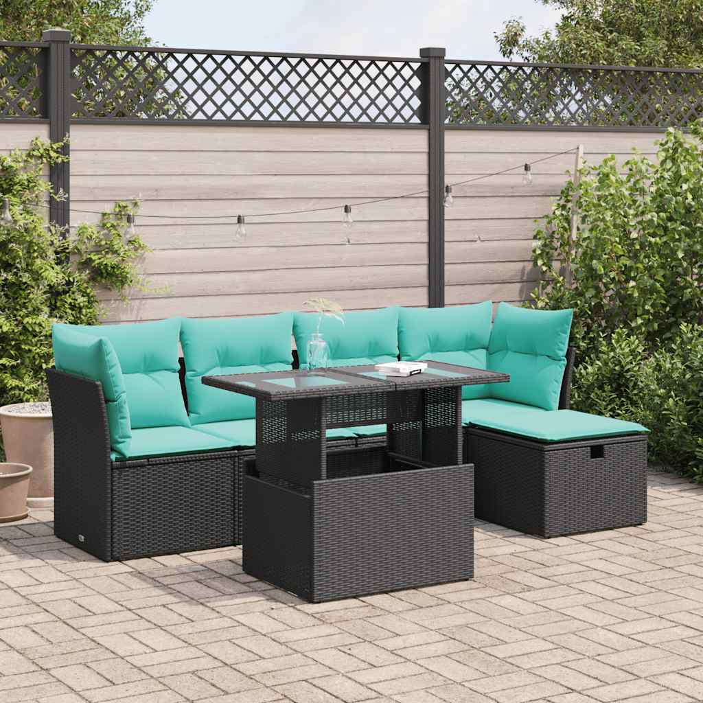 6 Piece Garden Sofa Set with Cushions Black Poly Rattan Acacia