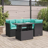 5 Piece Garden Sofa Set with Cushions Black Poly Rattan Acacia