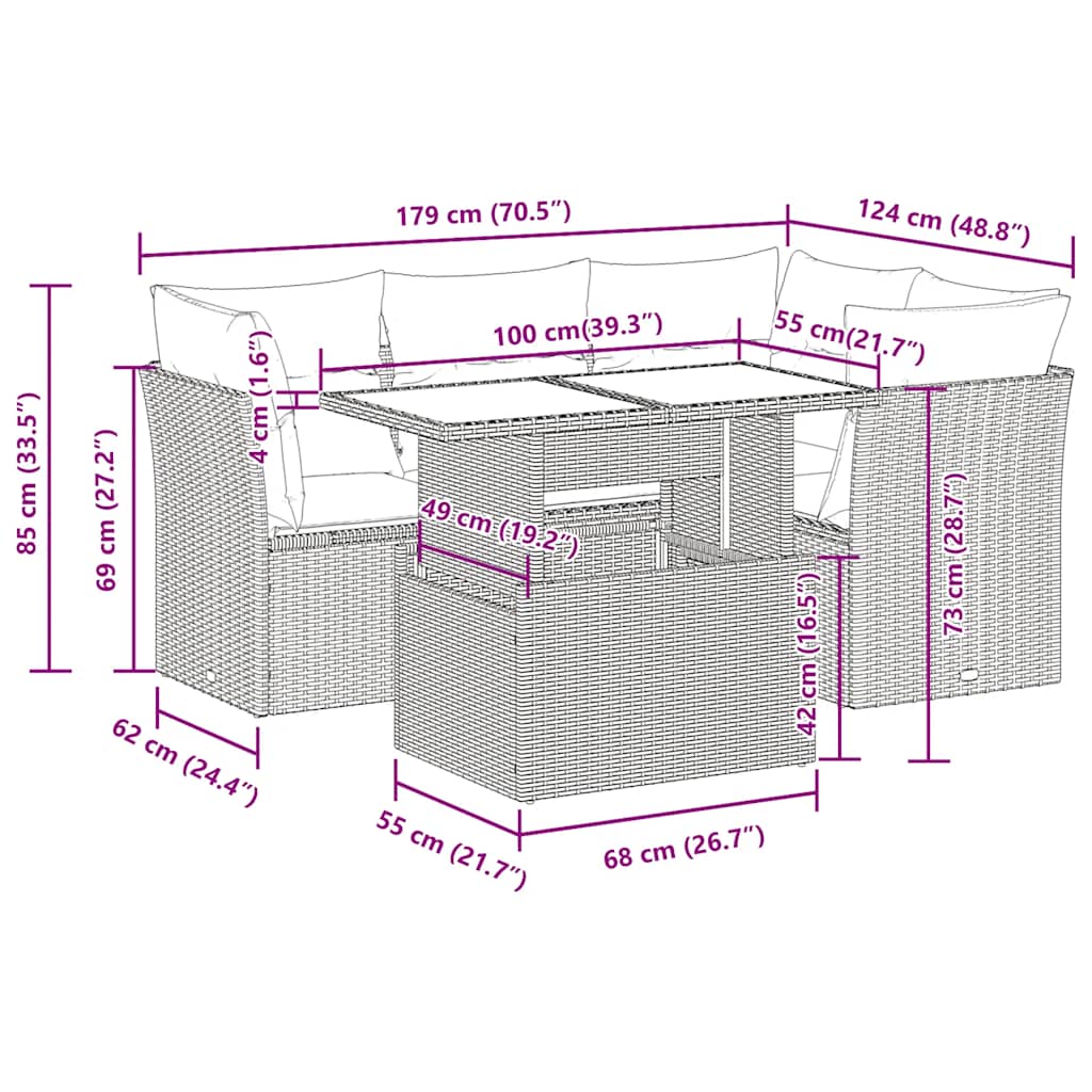 5 Piece Garden Sofa Set with Cushions Grey Poly Rattan Acacia