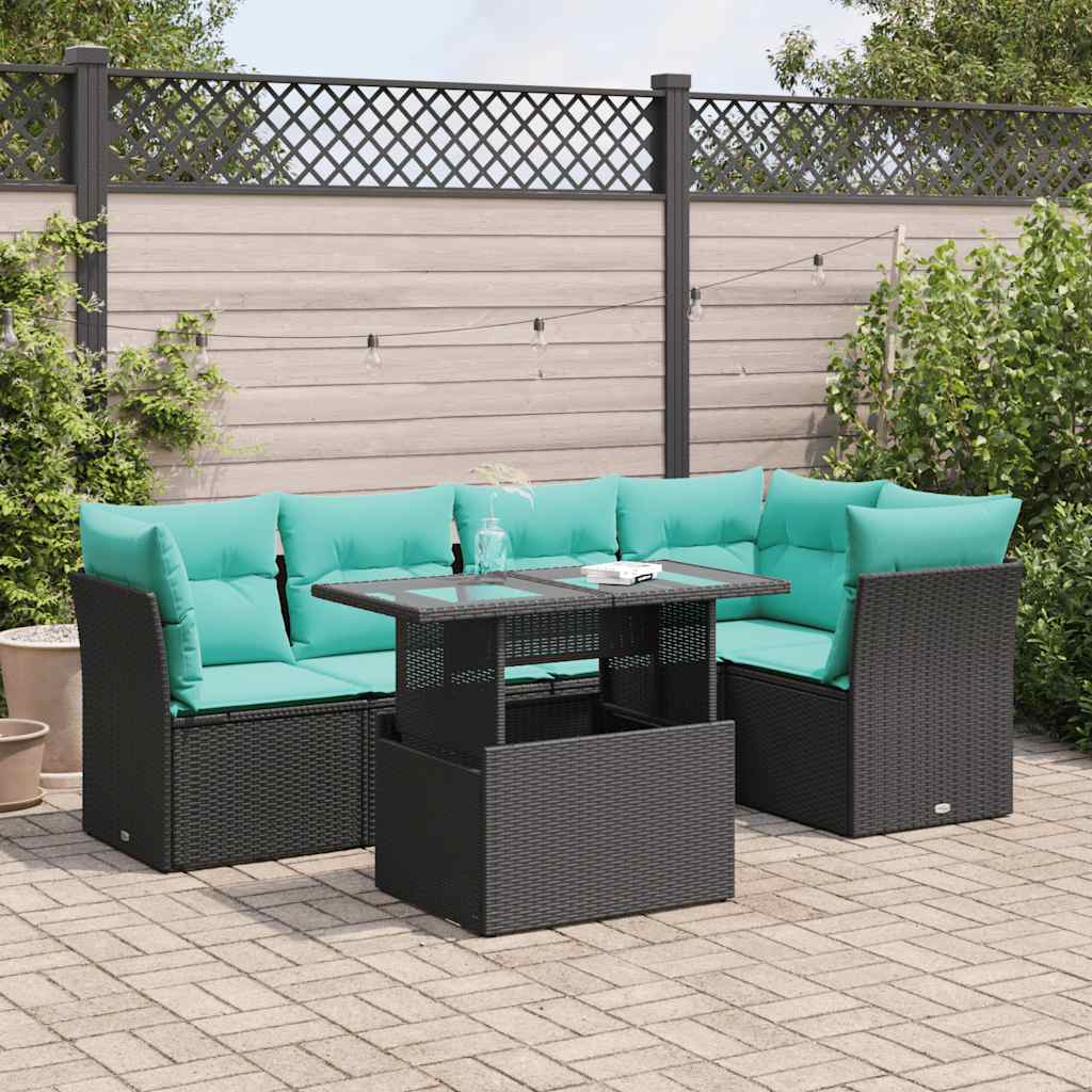 6 Piece Garden Sofa Set with Cushions Black Poly Rattan Acacia