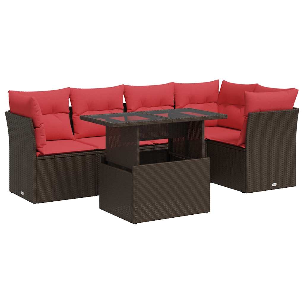 6 Piece Garden Sofa Set with Cushions Brown Poly Rattan Acacia