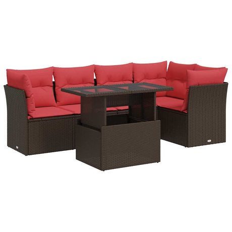 6 Piece Garden Sofa Set with Cushions Brown Poly Rattan Acacia