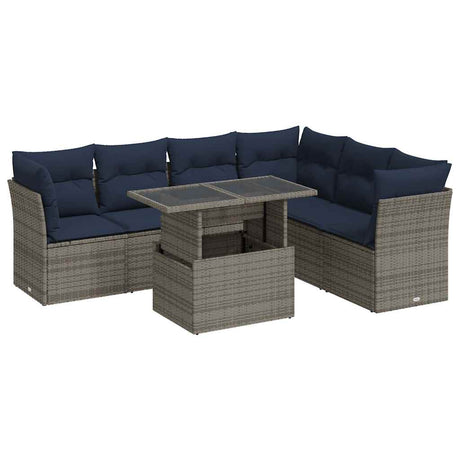 7 Piece Garden Sofa Set with Cushions Black Poly Rattan Acacia