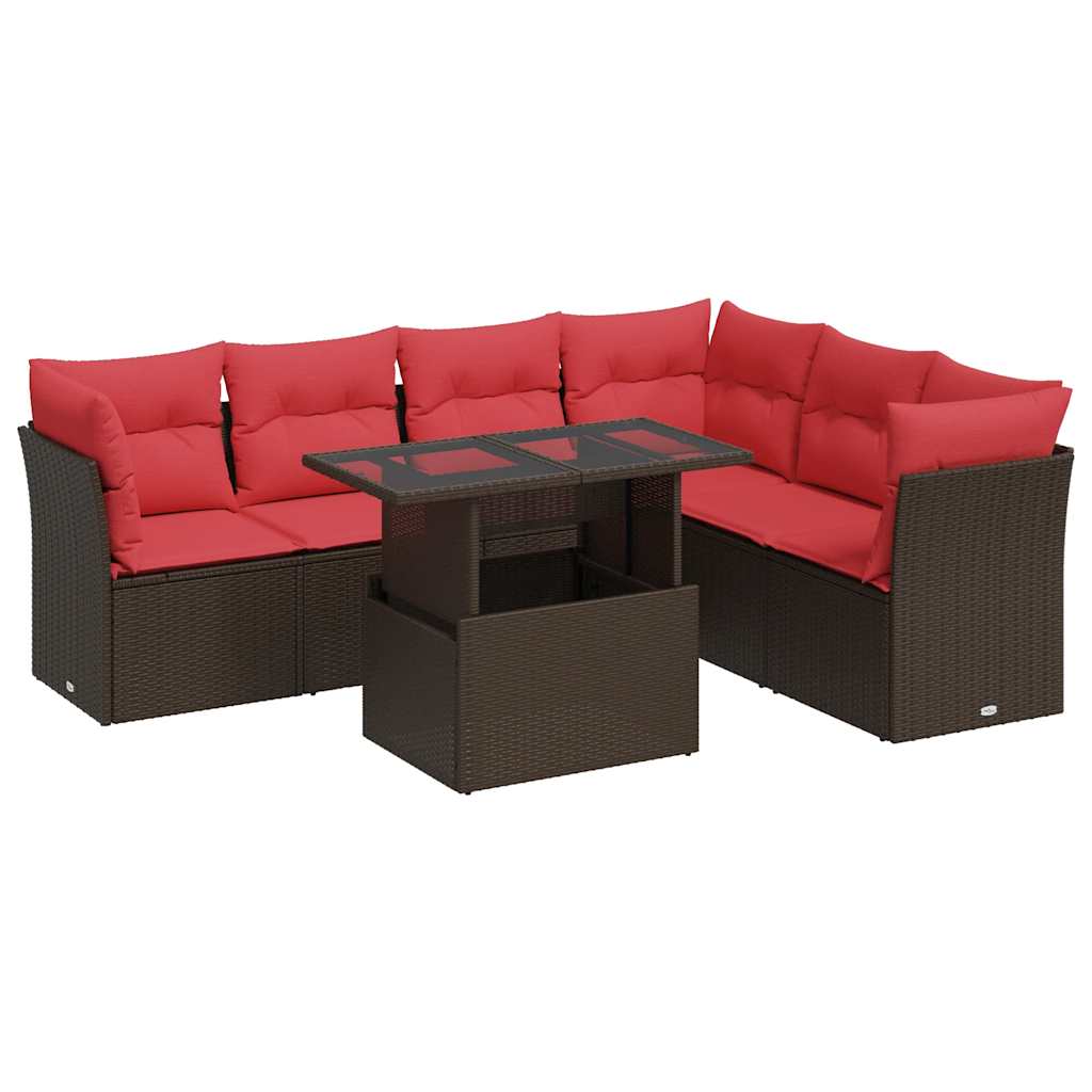 7 Piece Garden Sofa Set with Cushions Brown Poly Rattan Acacia