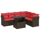 7 Piece Garden Sofa Set with Cushions Brown Poly Rattan Acacia