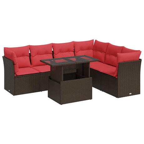 7 Piece Garden Sofa Set with Cushions Brown Poly Rattan Acacia