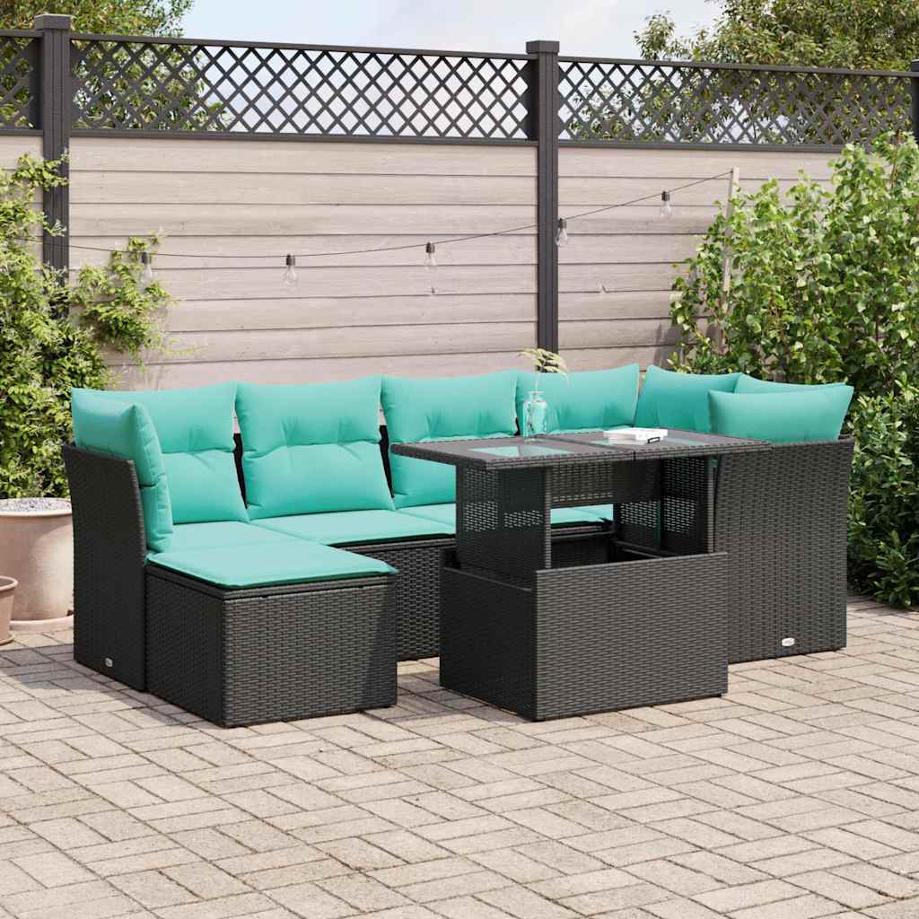 7 Piece Garden Sofa Set with Cushions Black Poly Rattan Acacia