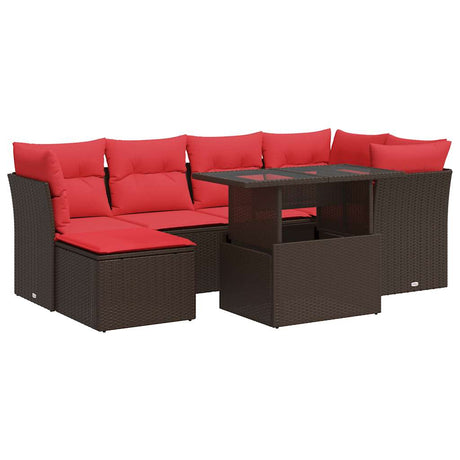 7 Piece Garden Sofa Set with Cushions Brown Poly Rattan Acacia