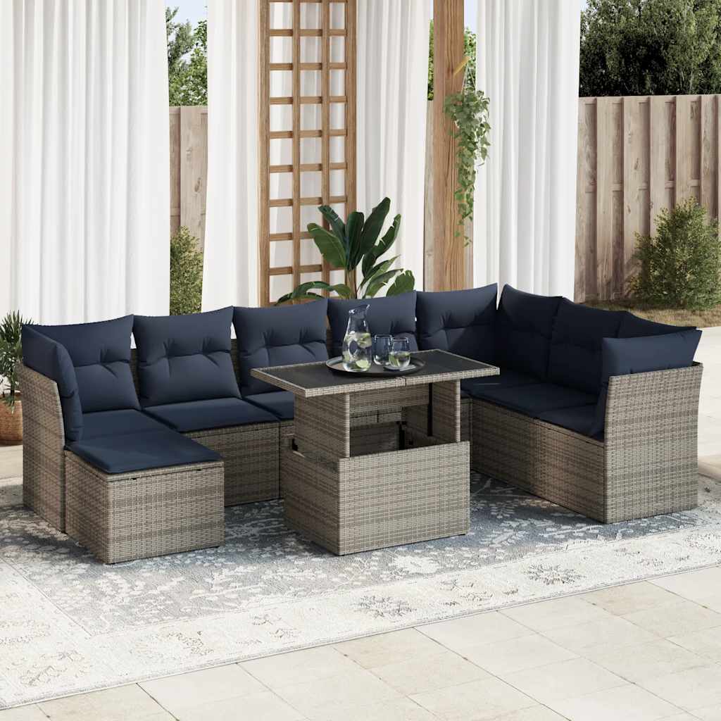 9 Piece Garden Sofa Set with Cushions Grey Poly Rattan Acacia