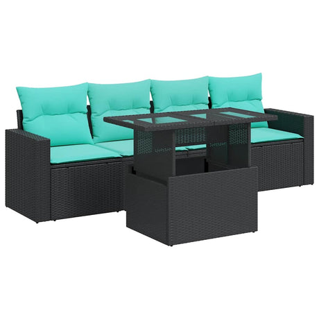 5 Piece Garden Sofa Set with Cushions Black Poly Rattan Acacia