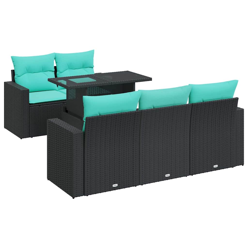 6 Piece Garden Sofa Set with Cushions Black Poly Rattan Acacia