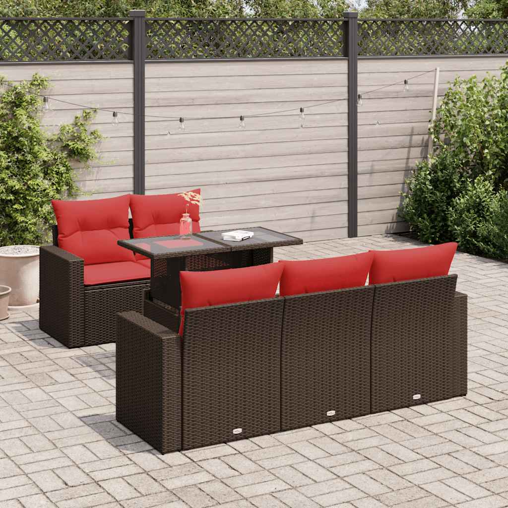 6 Piece Garden Sofa Set with Cushions Brown Poly Rattan Acacia