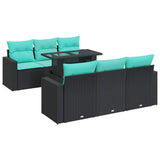 7 Piece Garden Sofa Set with Cushions Black Poly Rattan Acacia