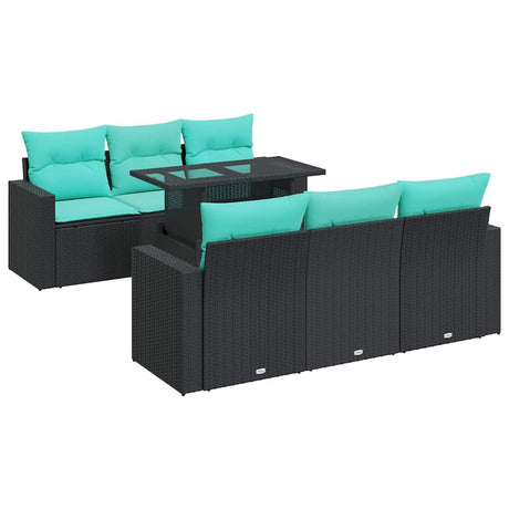 7 Piece Garden Sofa Set with Cushions Black Poly Rattan Acacia