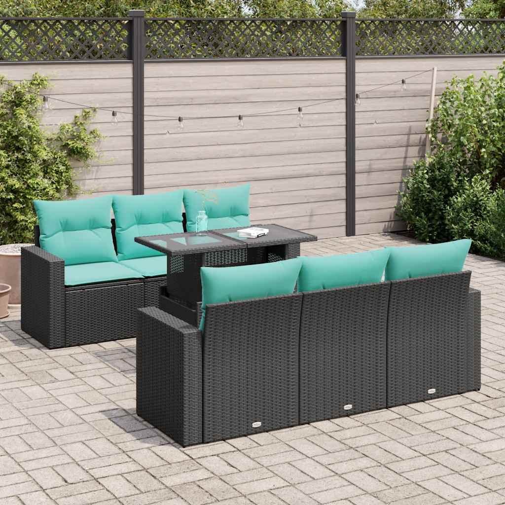 7 Piece Garden Sofa Set with Cushions Black Poly Rattan Acacia