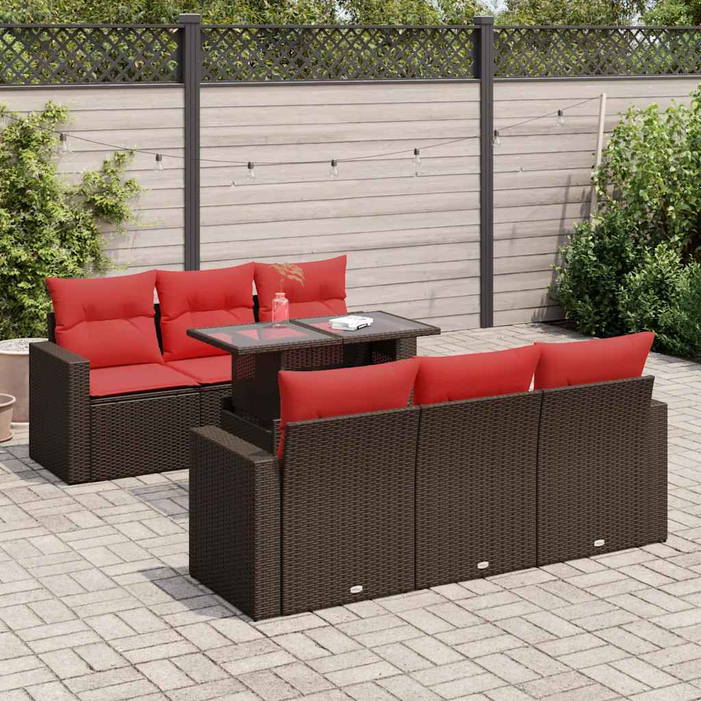 7 Piece Garden Sofa Set with Cushions Brown Poly Rattan Acacia