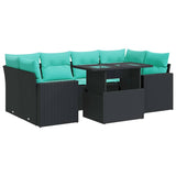 7 Piece Garden Sofa Set with Cushions Black Poly Rattan Acacia